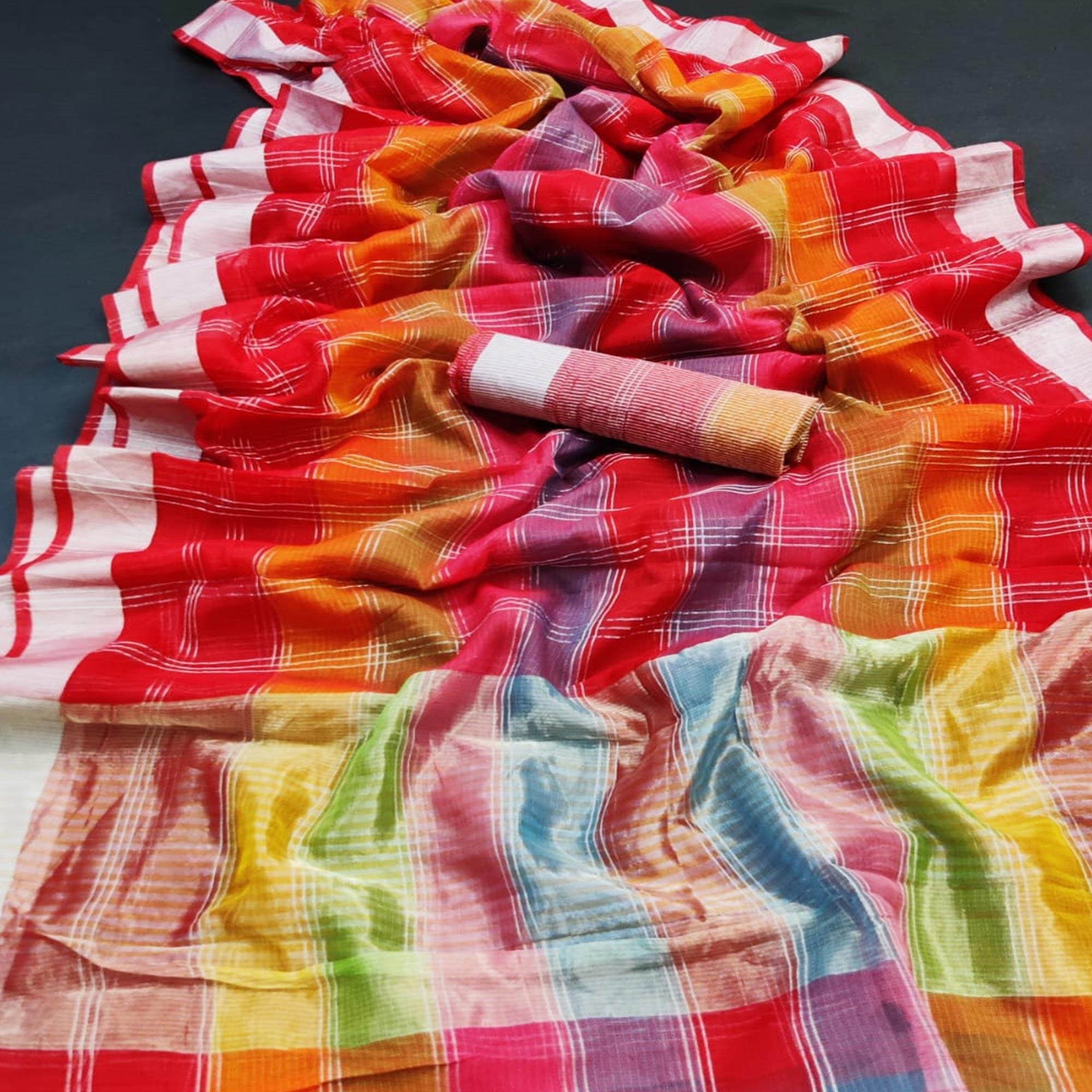 Red Festive Wear Woven Silk Border Saree - Peachmode