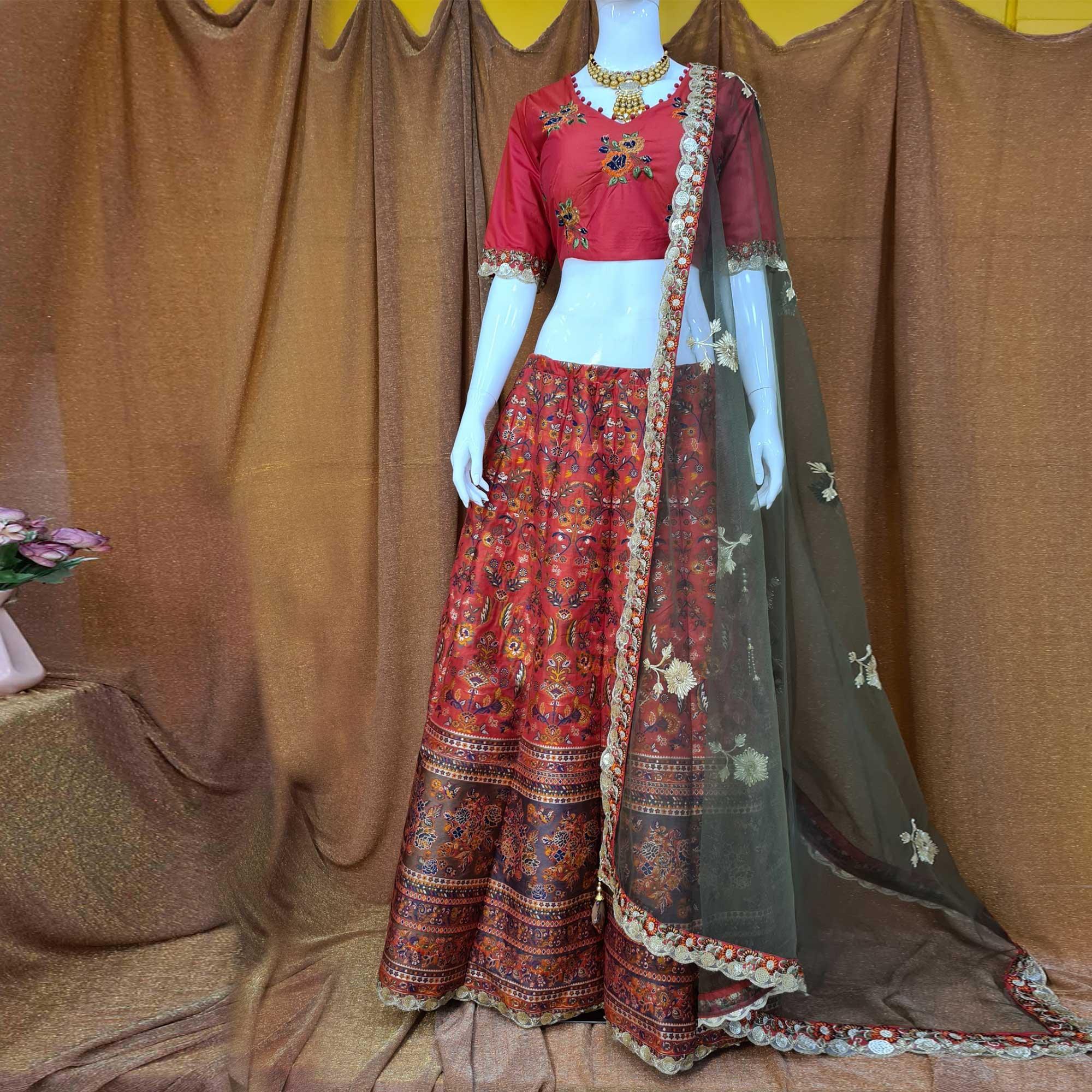 Red Festive Wear Woven Silk Lehenga Choli - Peachmode