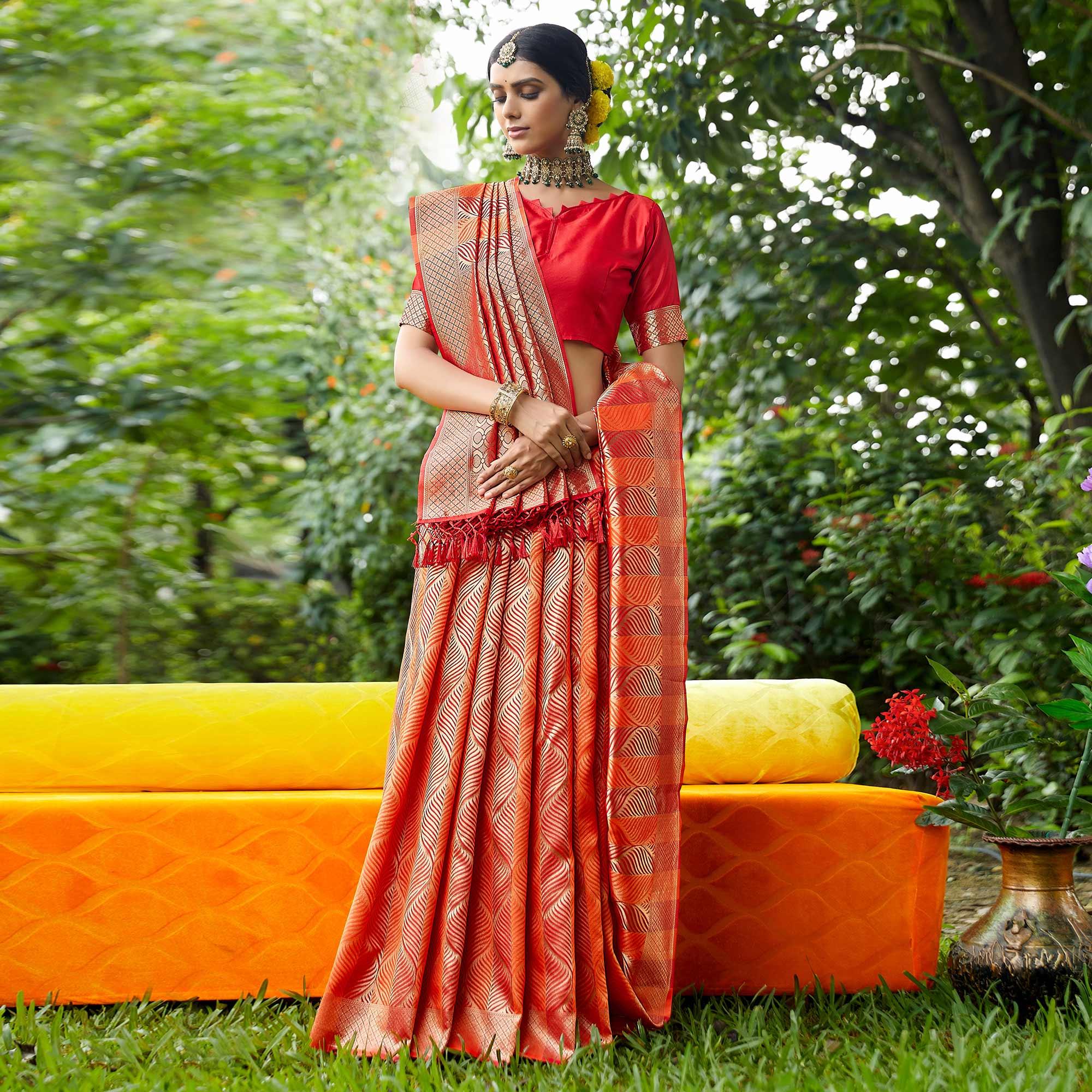 Red Festive Wear Woven Silk Saree - Peachmode