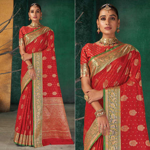 Red Festive Wear Woven Silk Saree - Peachmode