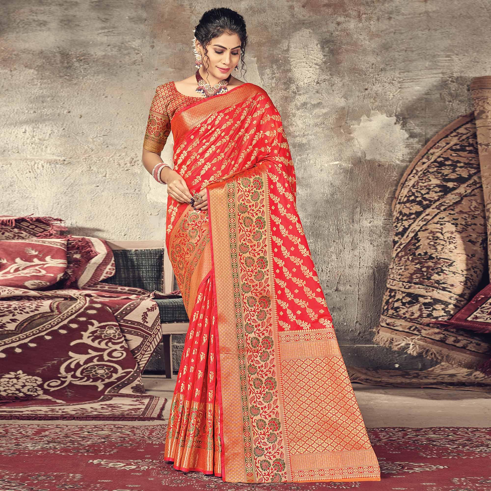 Red Festive Wear Woven Silk Saree - Peachmode