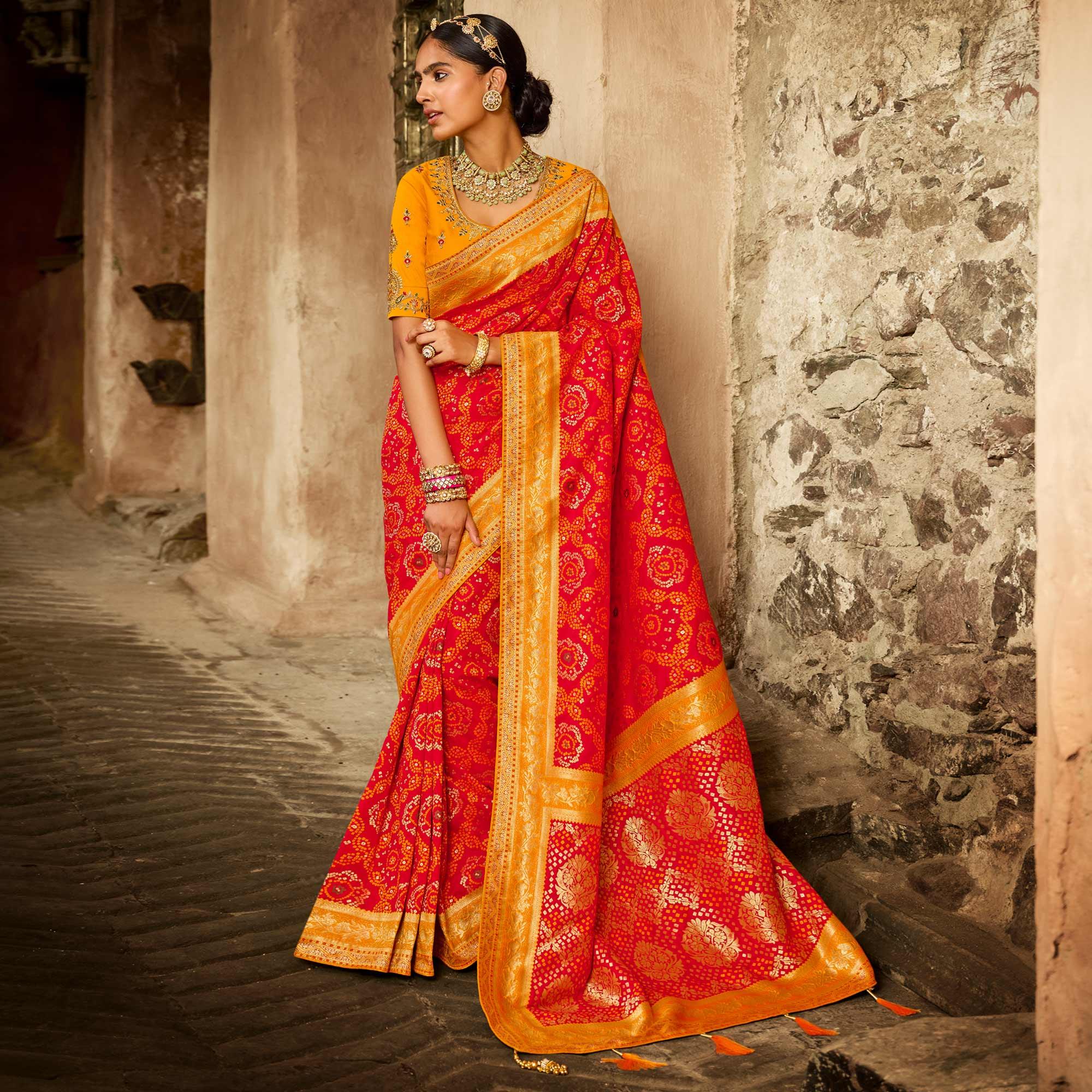 Red Festive Wear Woven Silk Saree - Peachmode