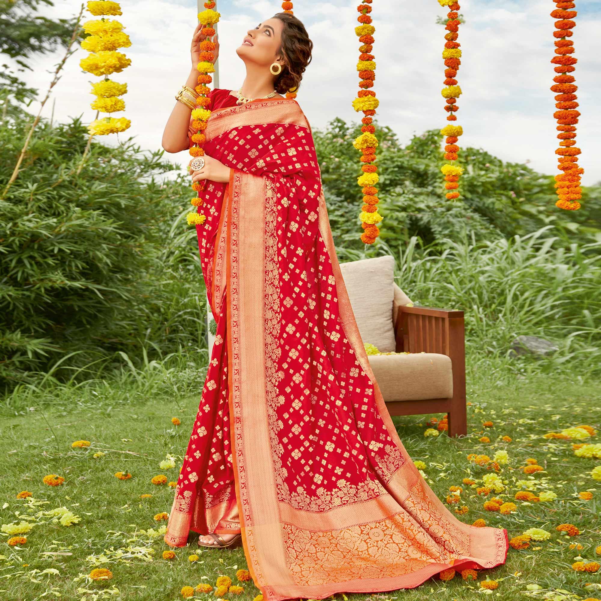 Red Festive Wear Woven Silk Saree - Peachmode