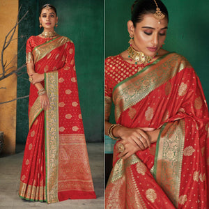 Red Festive Wear Woven Silk Saree - Peachmode