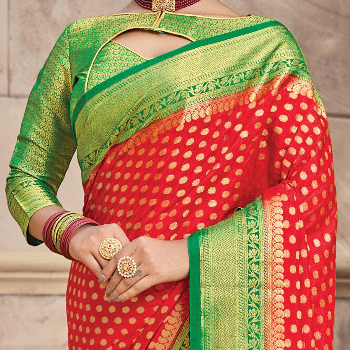 Red Festive Wear Woven Silk Saree - Peachmode