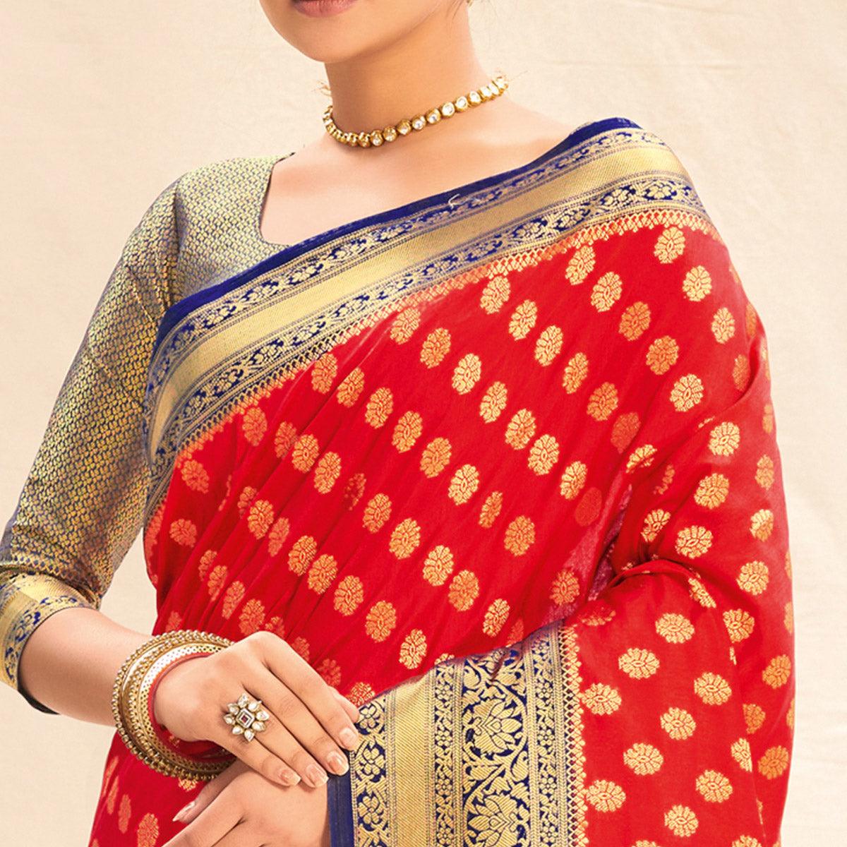 Red Festive Wear Woven Silk Saree - Peachmode