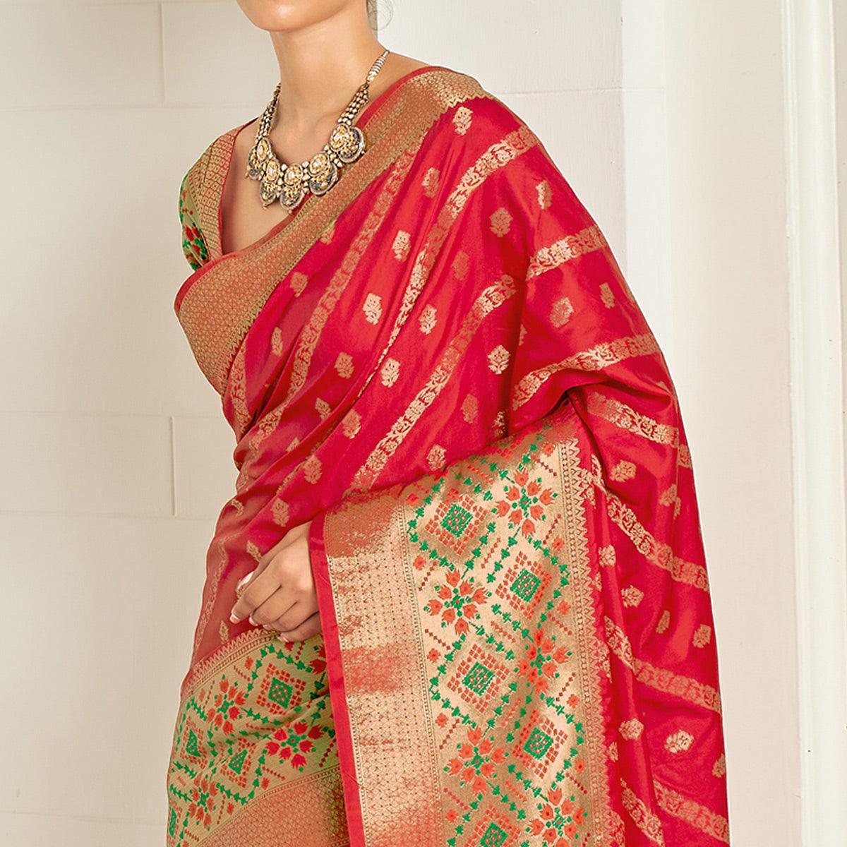 Red Festive Wear Woven Silk Saree - Peachmode