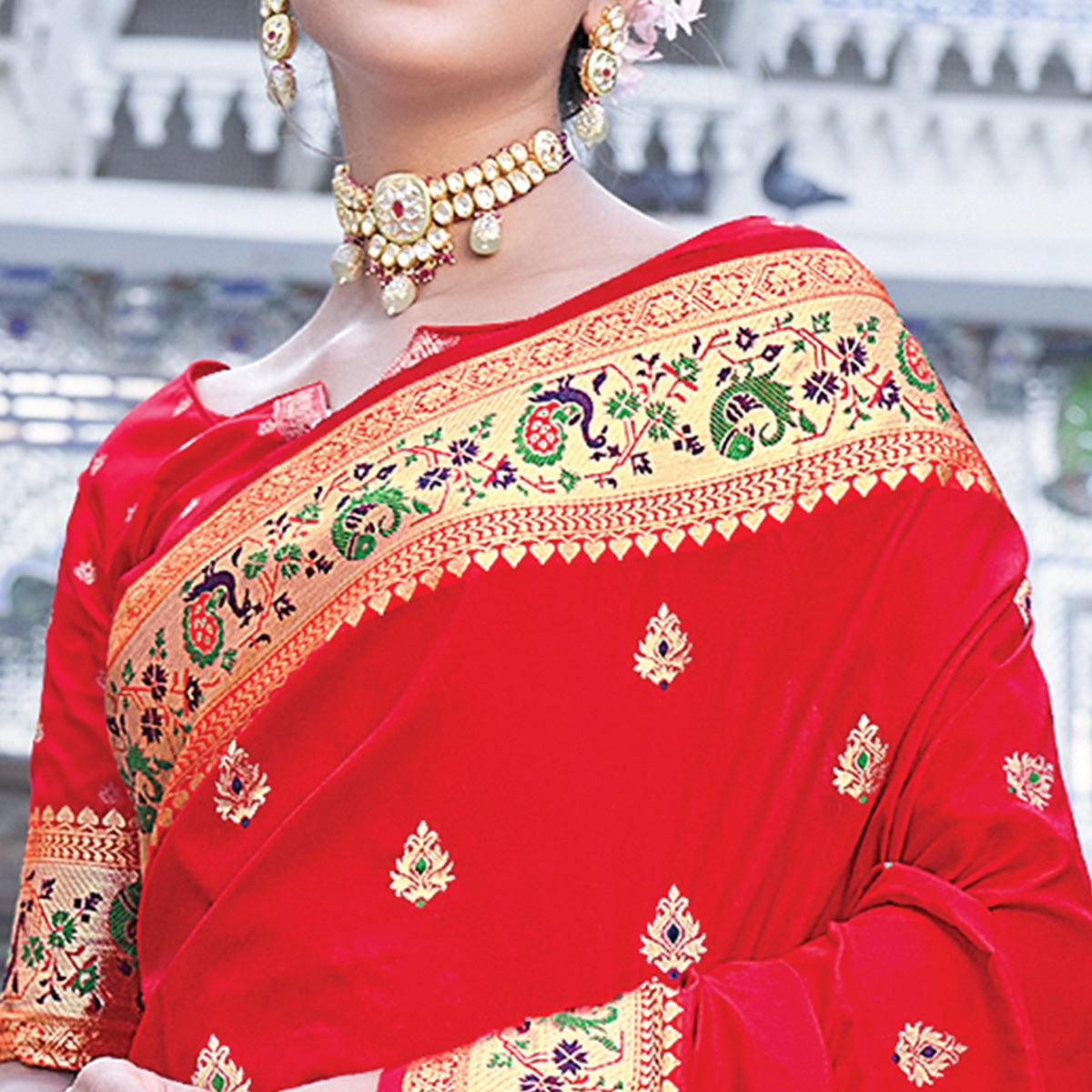 Red Festive Wear Woven Silk Saree - Peachmode