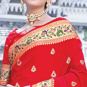 Red Festive Wear Woven Silk Saree - Peachmode
