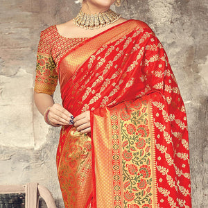 Red Festive Wear Woven Silk Saree - Peachmode
