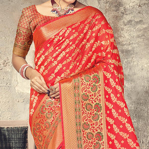 Red Festive Wear Woven Silk Saree - Peachmode