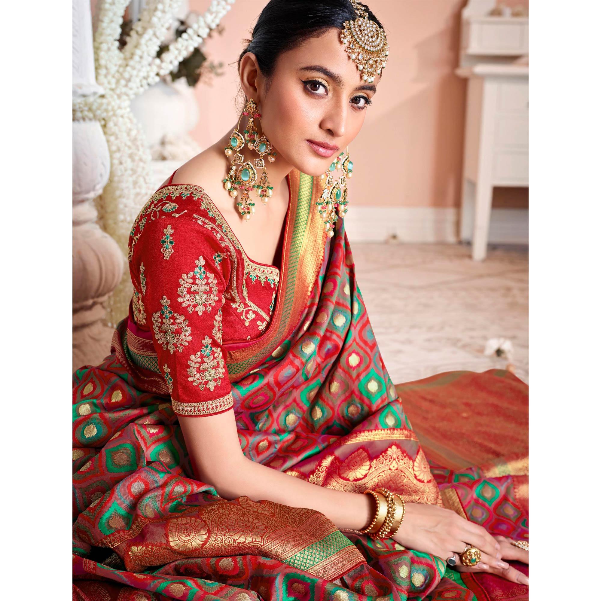 Red Festive Wear Woven Silk Saree - Peachmode