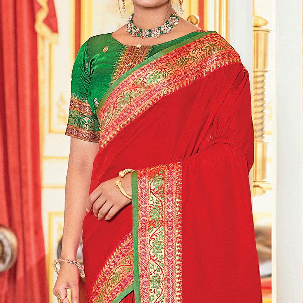 Red Festive Wear Woven Silk Saree - Peachmode