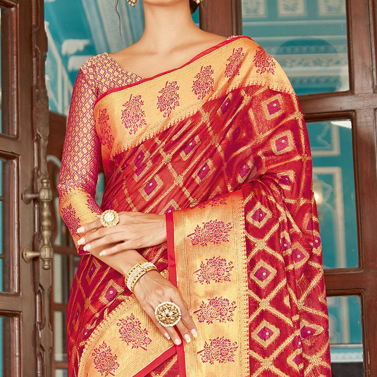 Red Festive Wear Woven Silk Saree - Peachmode