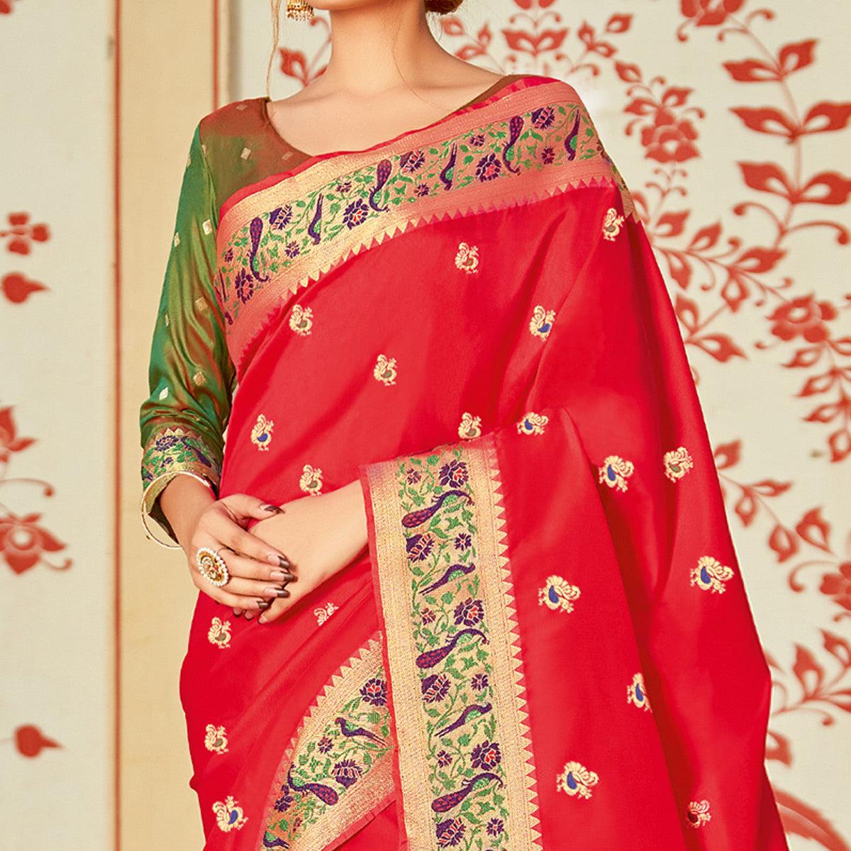 Red Festive Wear Woven Silk Saree - Peachmode