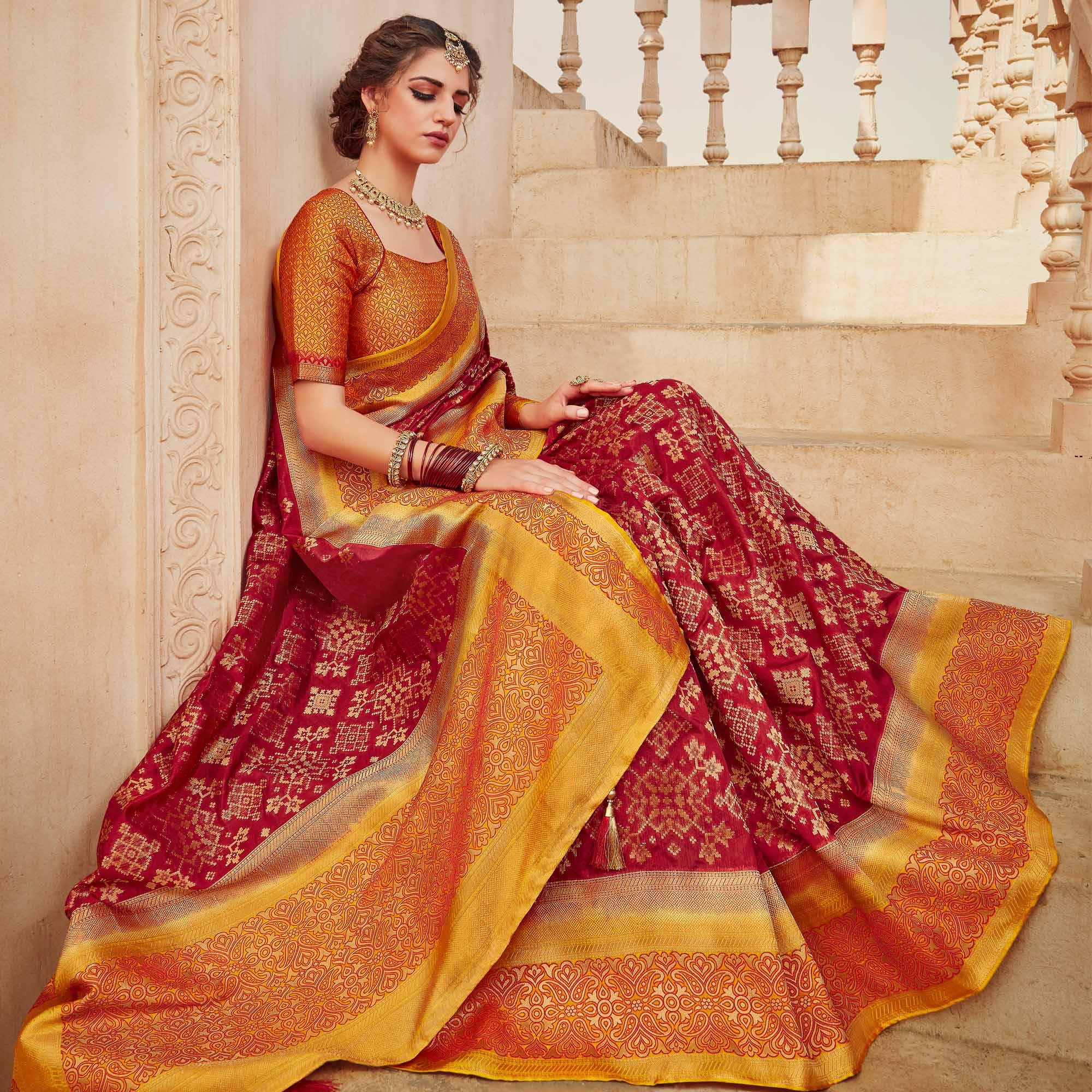 Red Festive Wear Woven Silk Saree - Peachmode