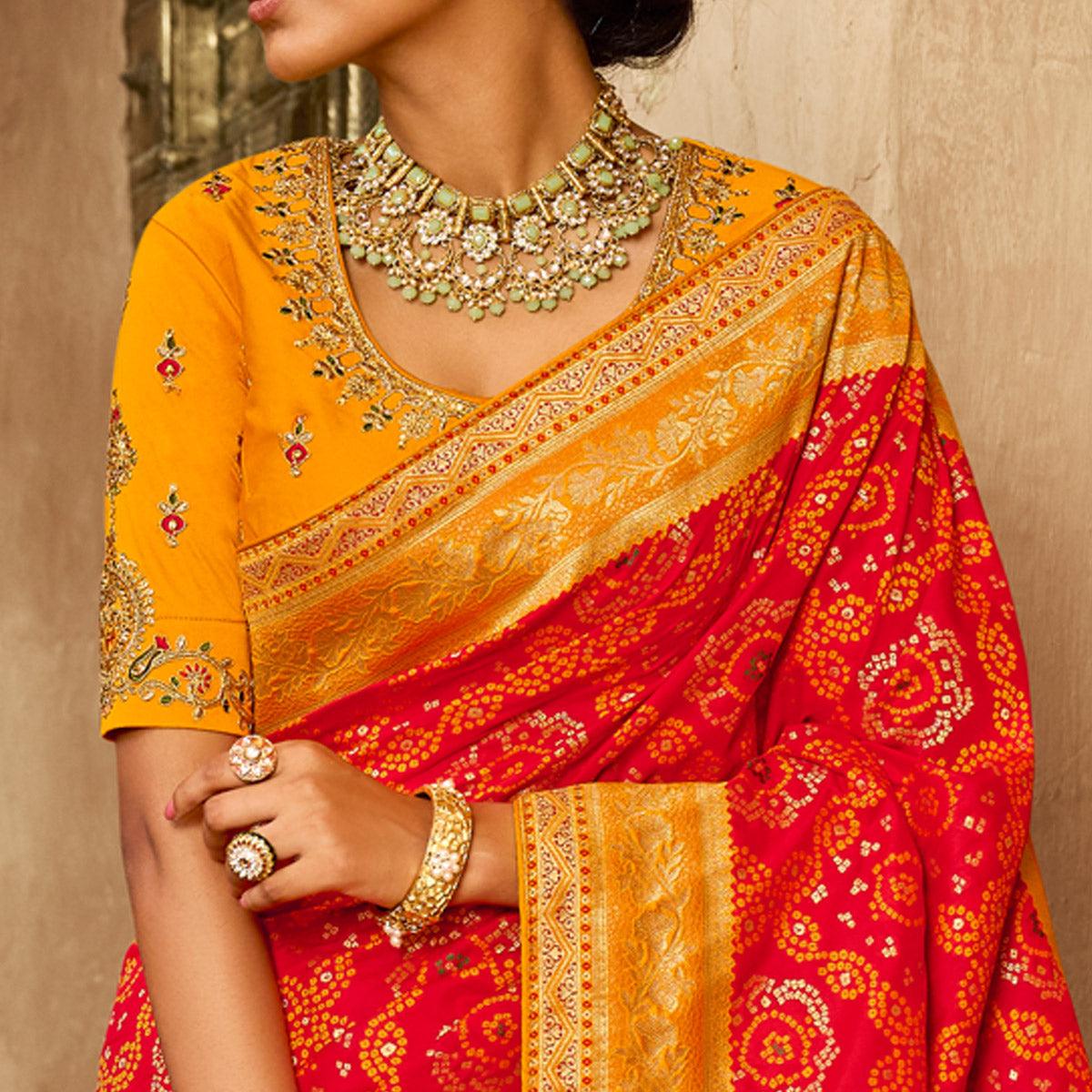 Red Festive Wear Woven Silk Saree - Peachmode