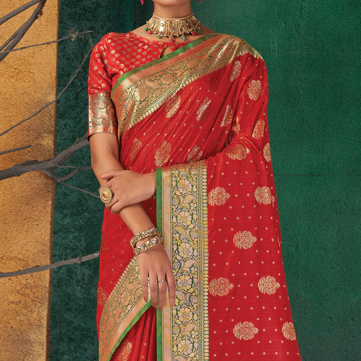 Red Festive Wear Woven Silk Saree - Peachmode