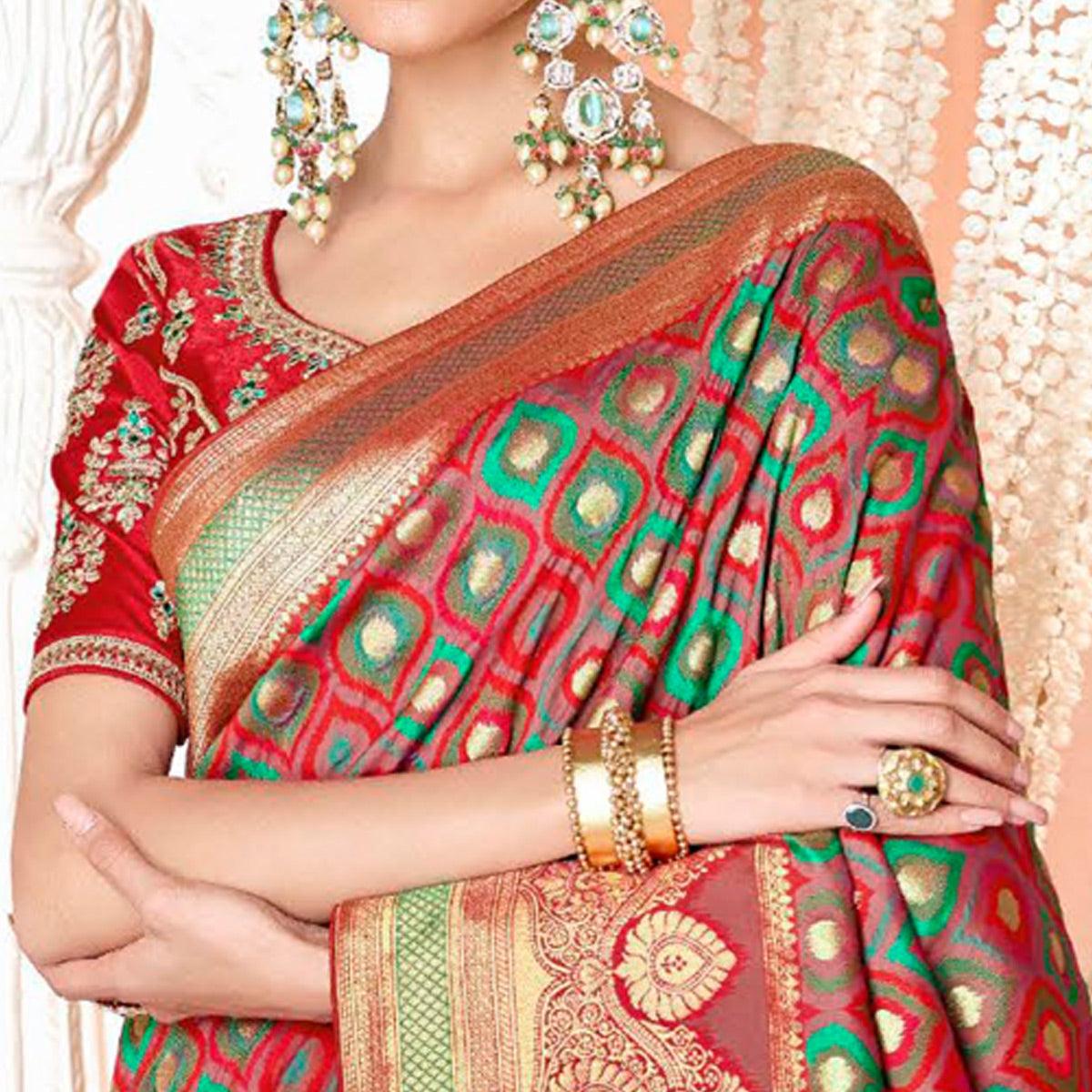 Red Festive Wear Woven Silk Saree - Peachmode