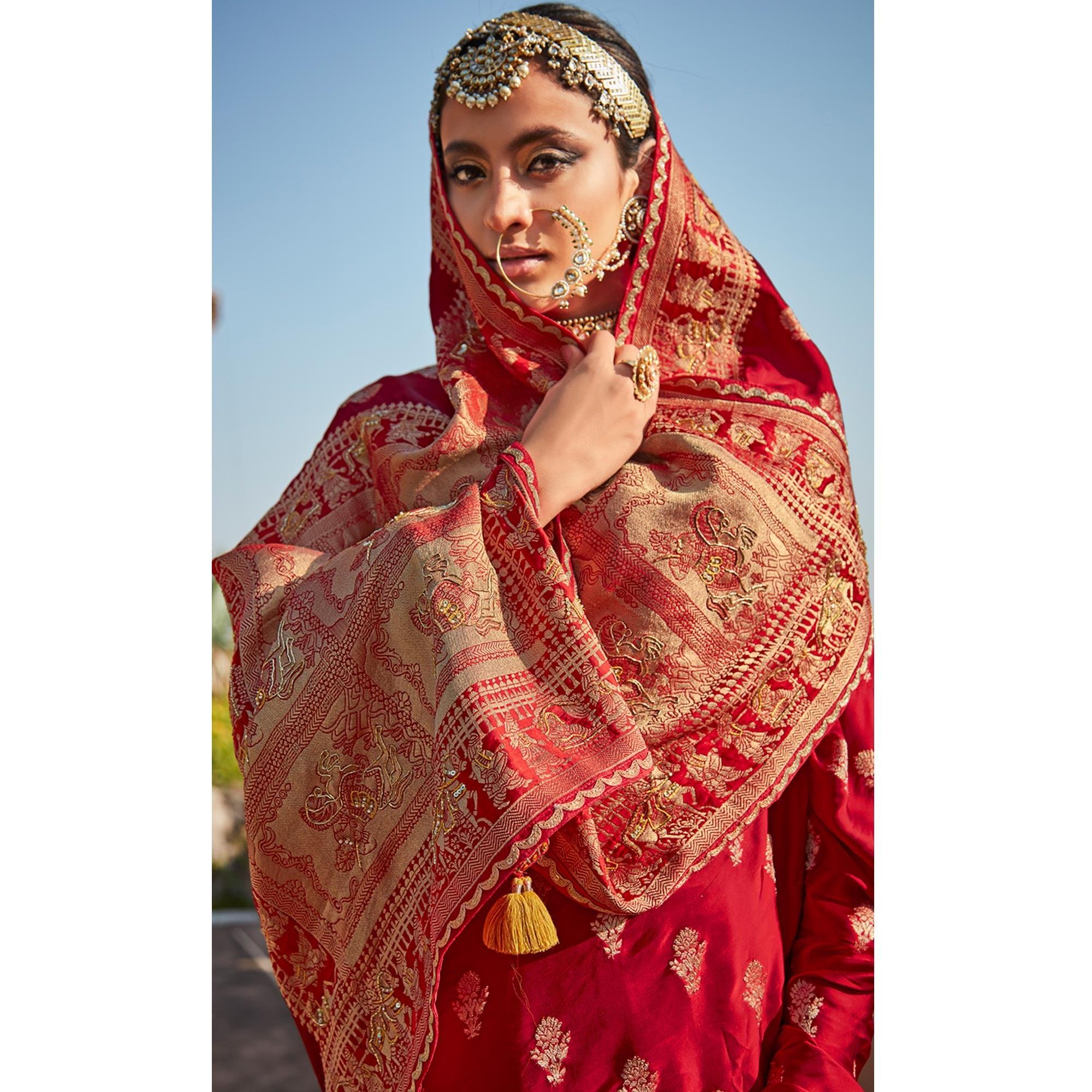 Red Festive Wear Woven Silk Saree - Peachmode