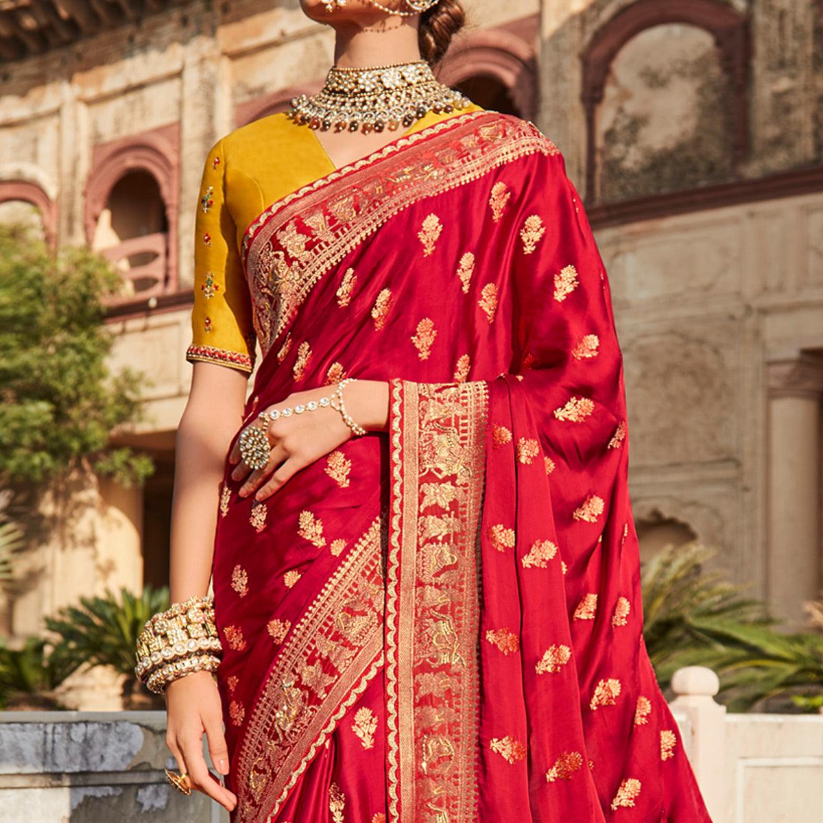 Red Festive Wear Woven Silk Saree - Peachmode