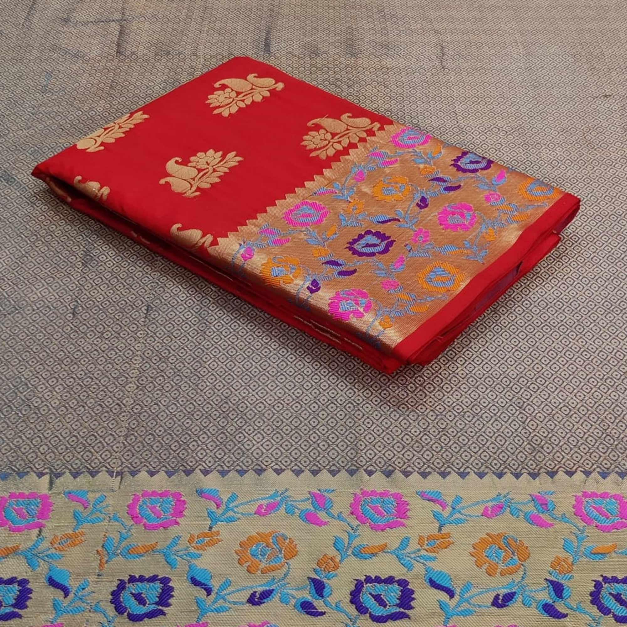 Red Festive Wear Woven Silk Saree With Border - Peachmode