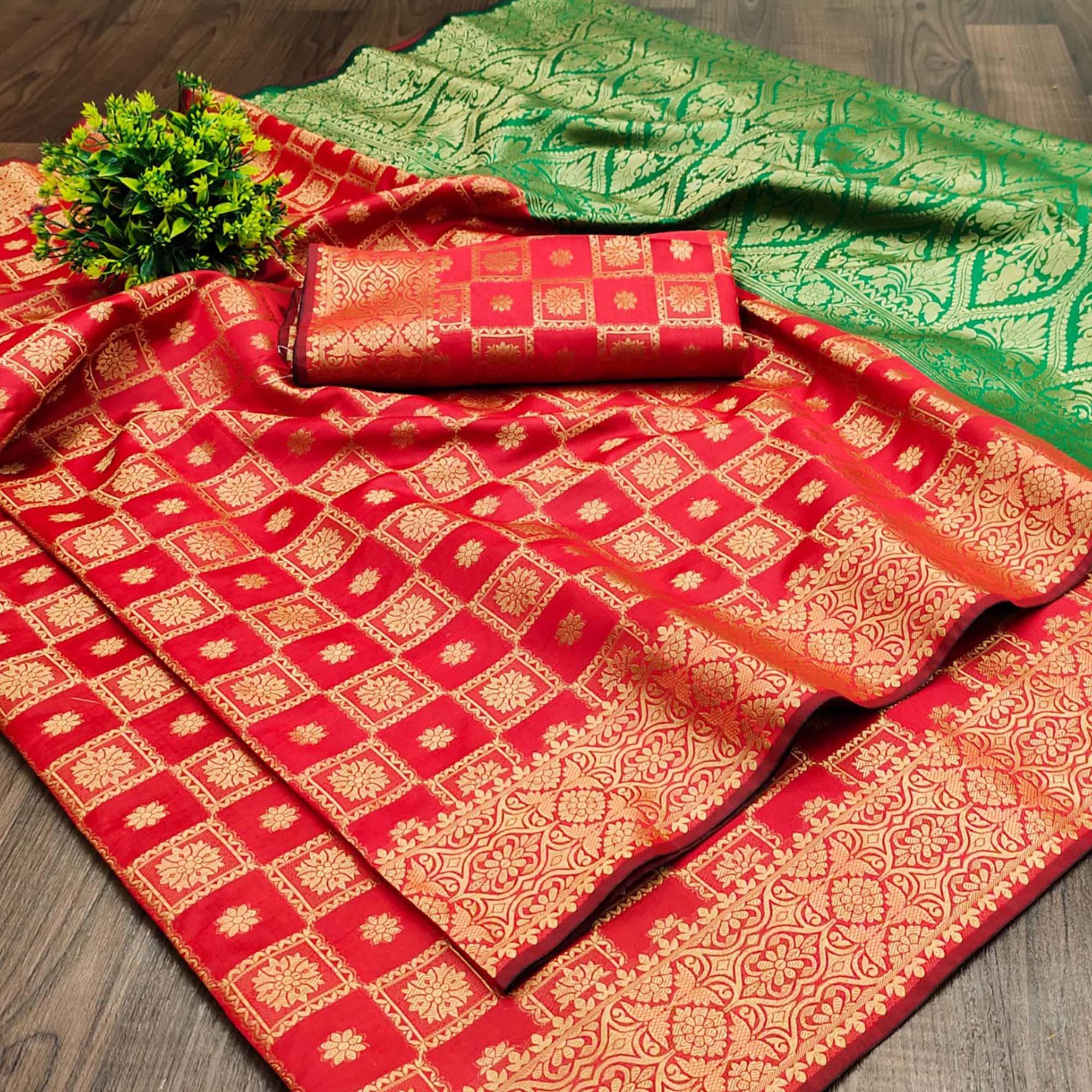 Red Festive Wear Woven Silk Saree With Border - Peachmode