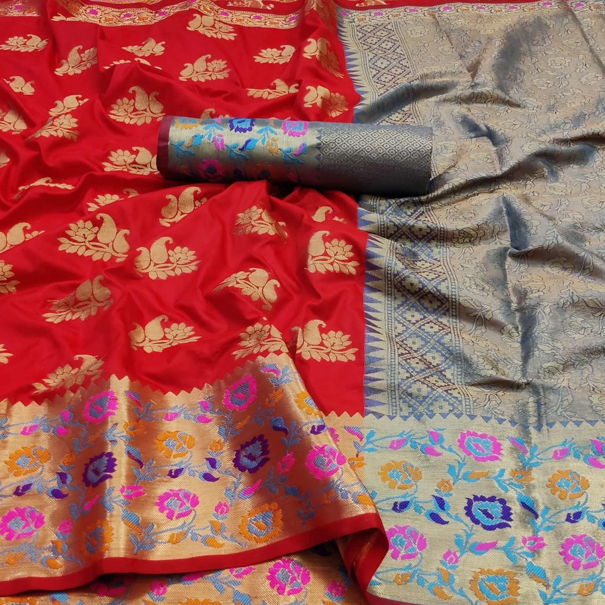 Red Festive Wear Woven Silk Saree With Border - Peachmode
