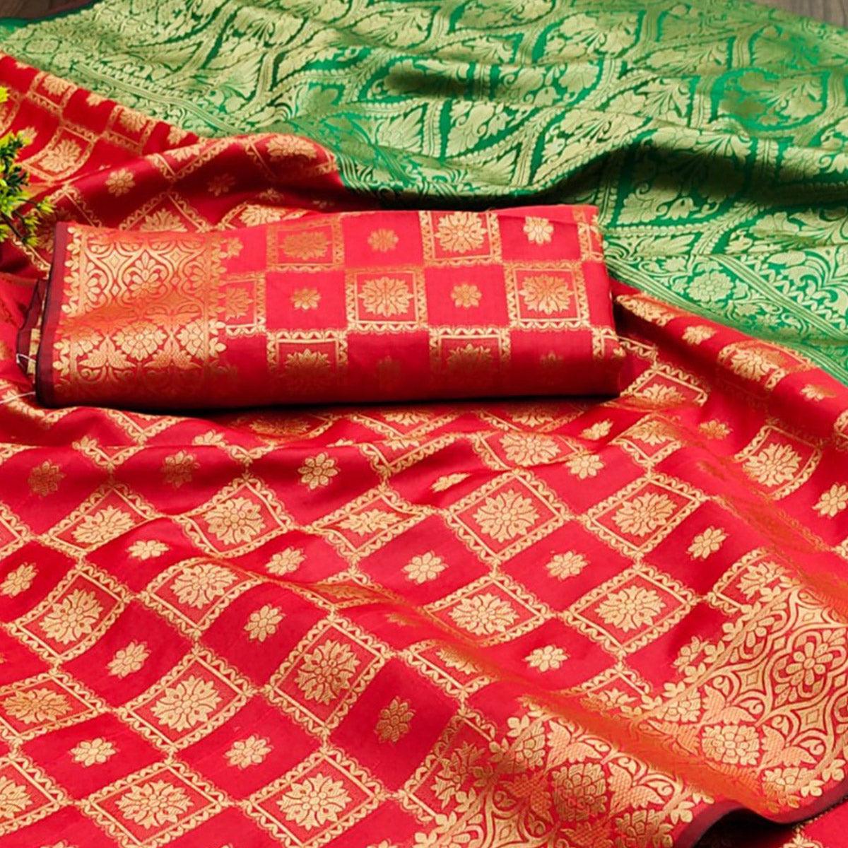 Red Festive Wear Woven Silk Saree With Border - Peachmode