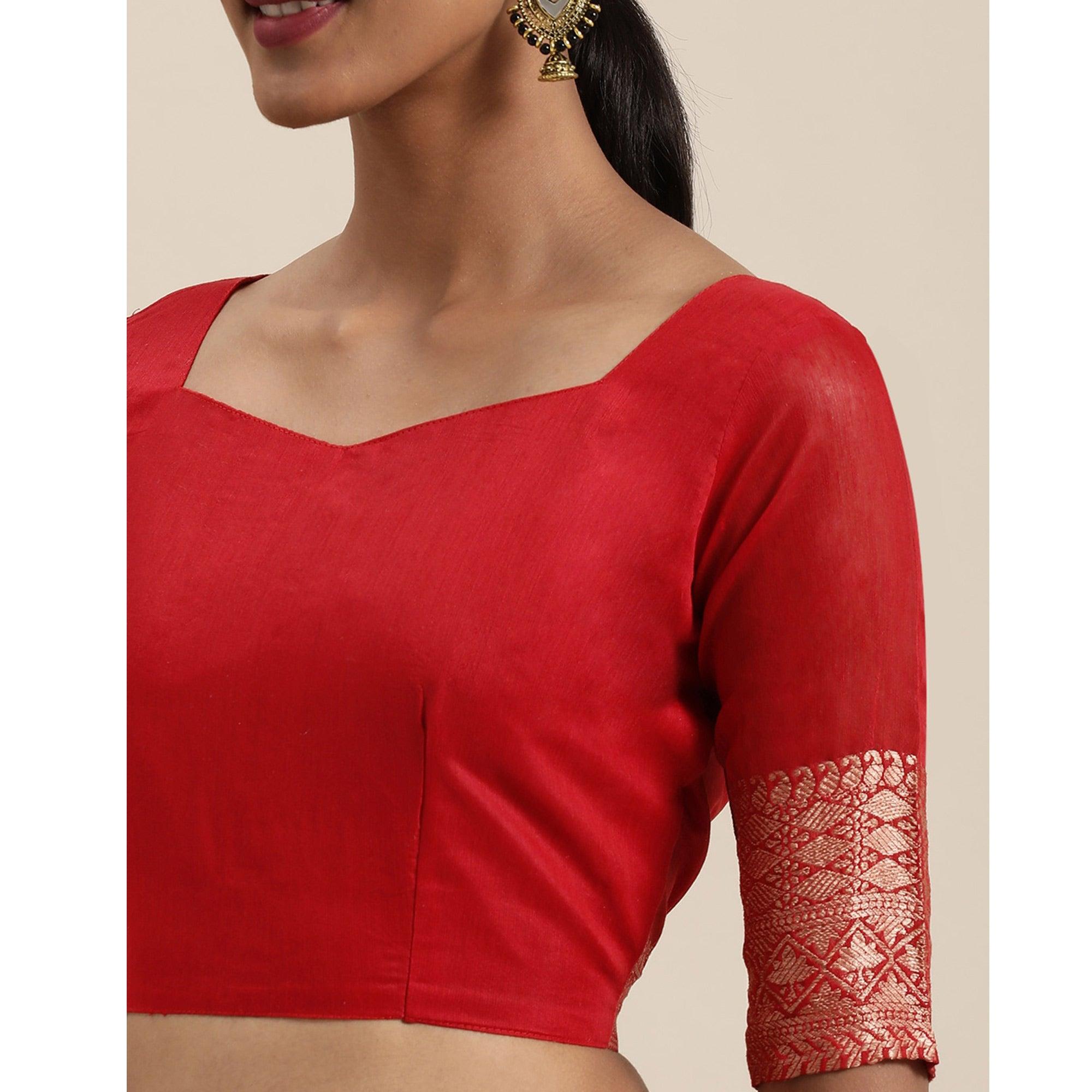 Red Festive Wear Woven Silk Saree With Jacquard Border - Peachmode