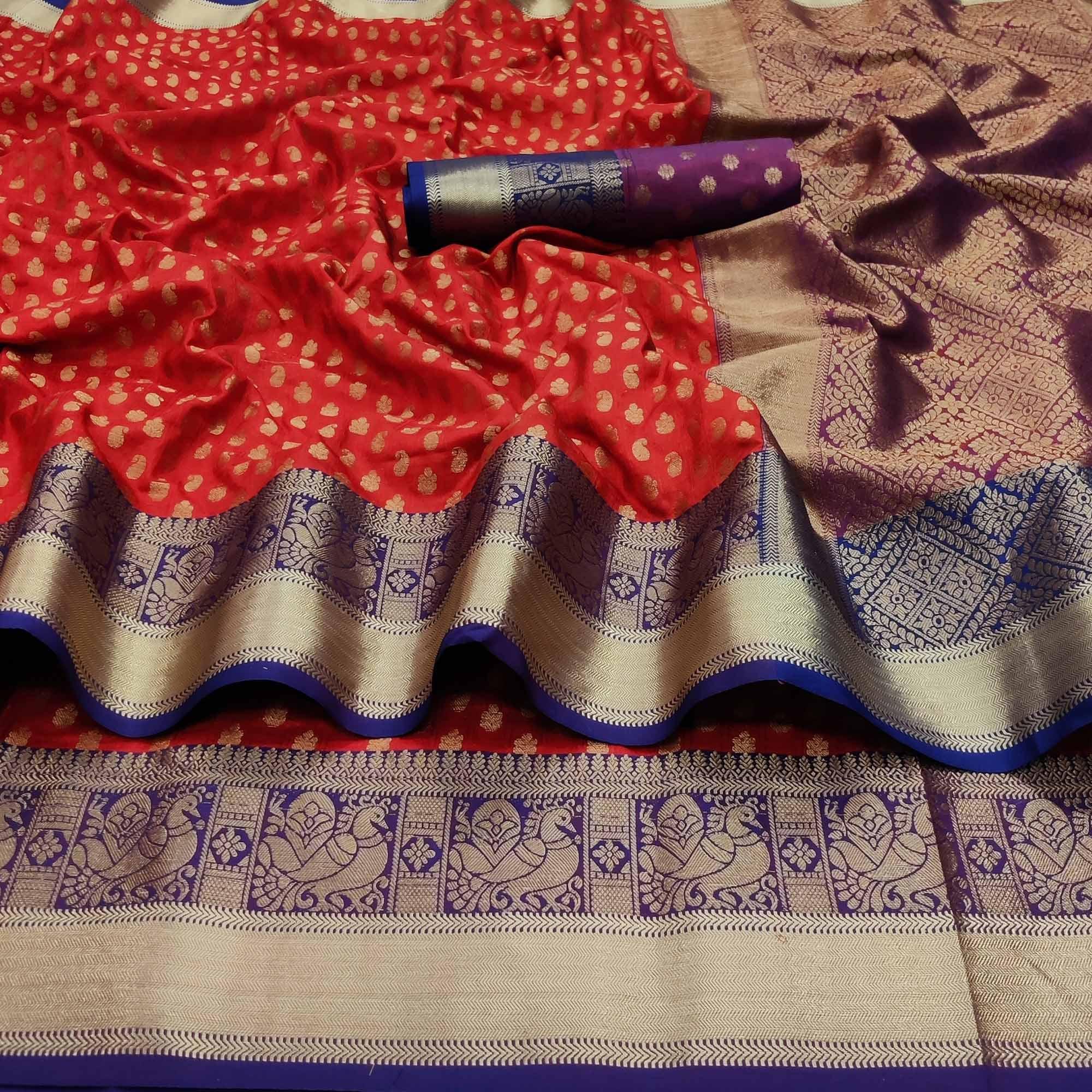 Red Festive Wear Woven Silk Saree With Jacquard Border - Peachmode