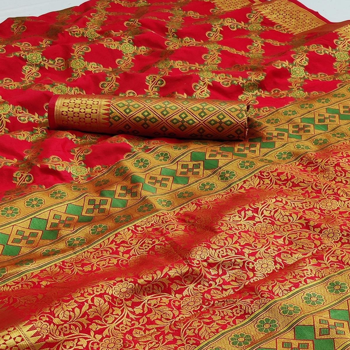 Red Festive Wear Woven Silk Saree With Meena Butta Rich Pallu - Peachmode