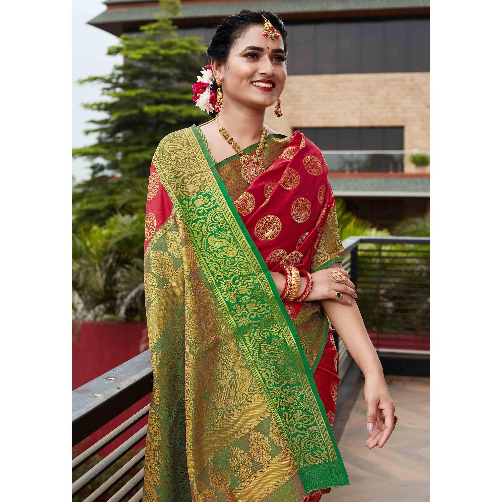 Red Festive Wear Woven Silk Saree With Meena Butta Rich Pallu - Peachmode