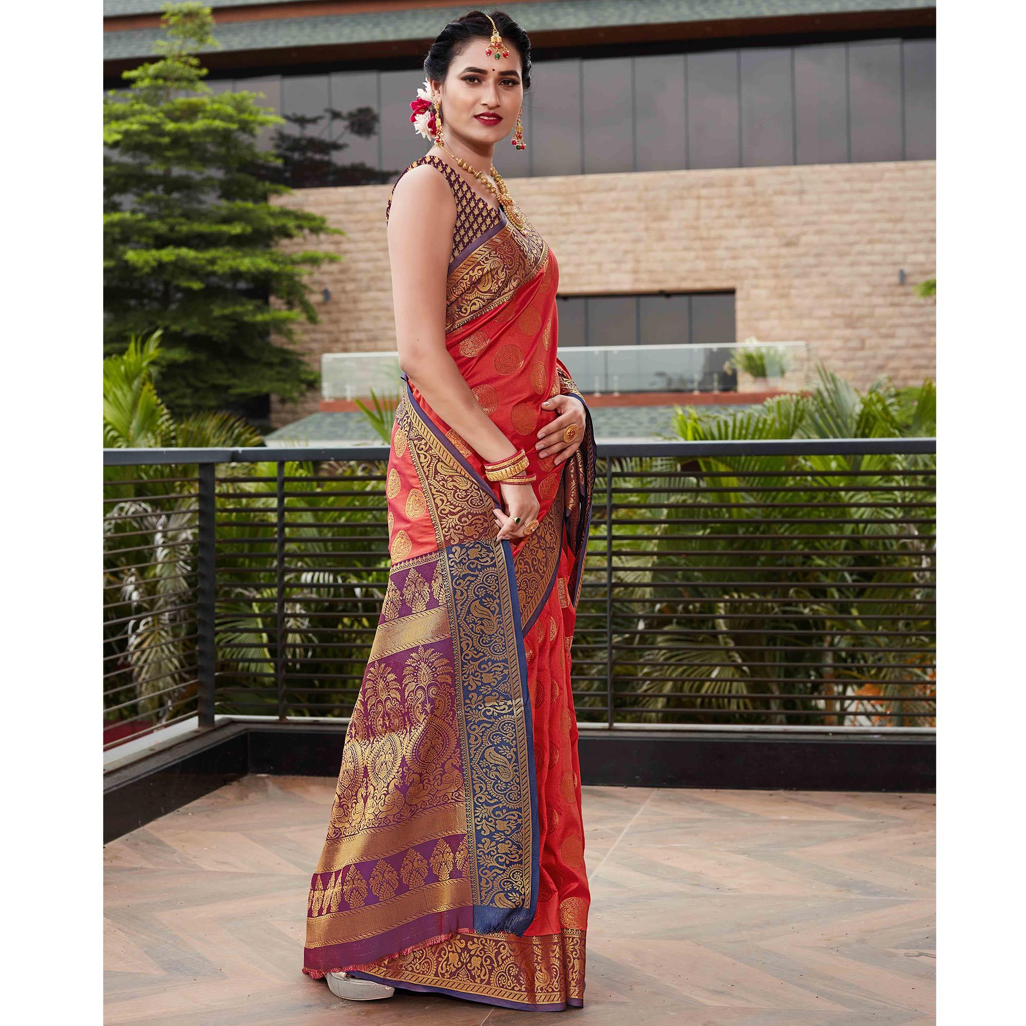 Red Festive Wear Woven Silk Saree With Meena Butta Rich Pallu - Peachmode