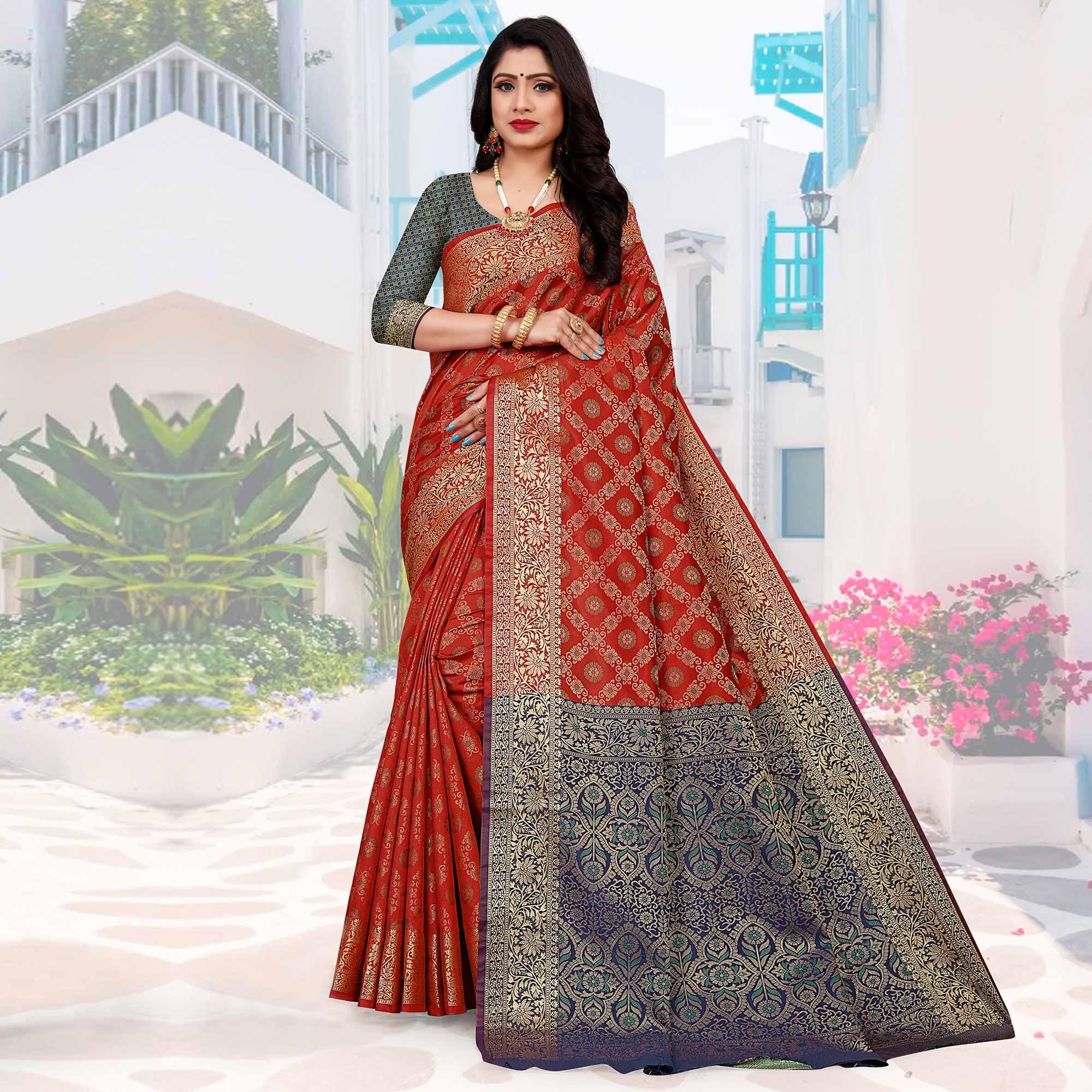 Red Festive Wear Woven Silk Saree With Patola Rich Pallu - Peachmode