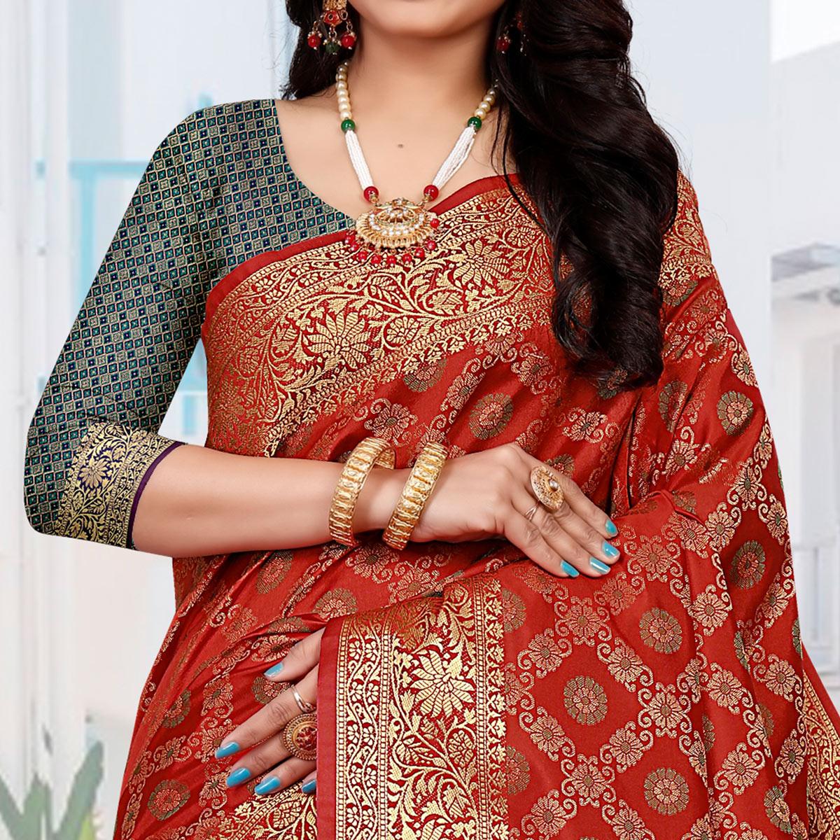 Red Festive Wear Woven Silk Saree With Patola Rich Pallu - Peachmode