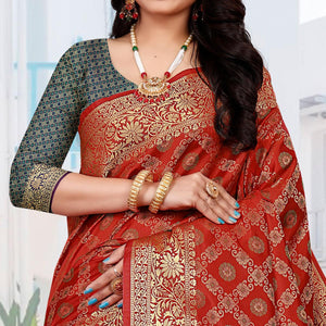 Red Festive Wear Woven Silk Saree With Patola Rich Pallu - Peachmode