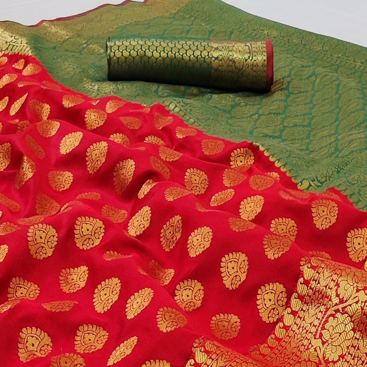 Red Festive Wear Woven Silk Saree With Rich Pallu - Peachmode