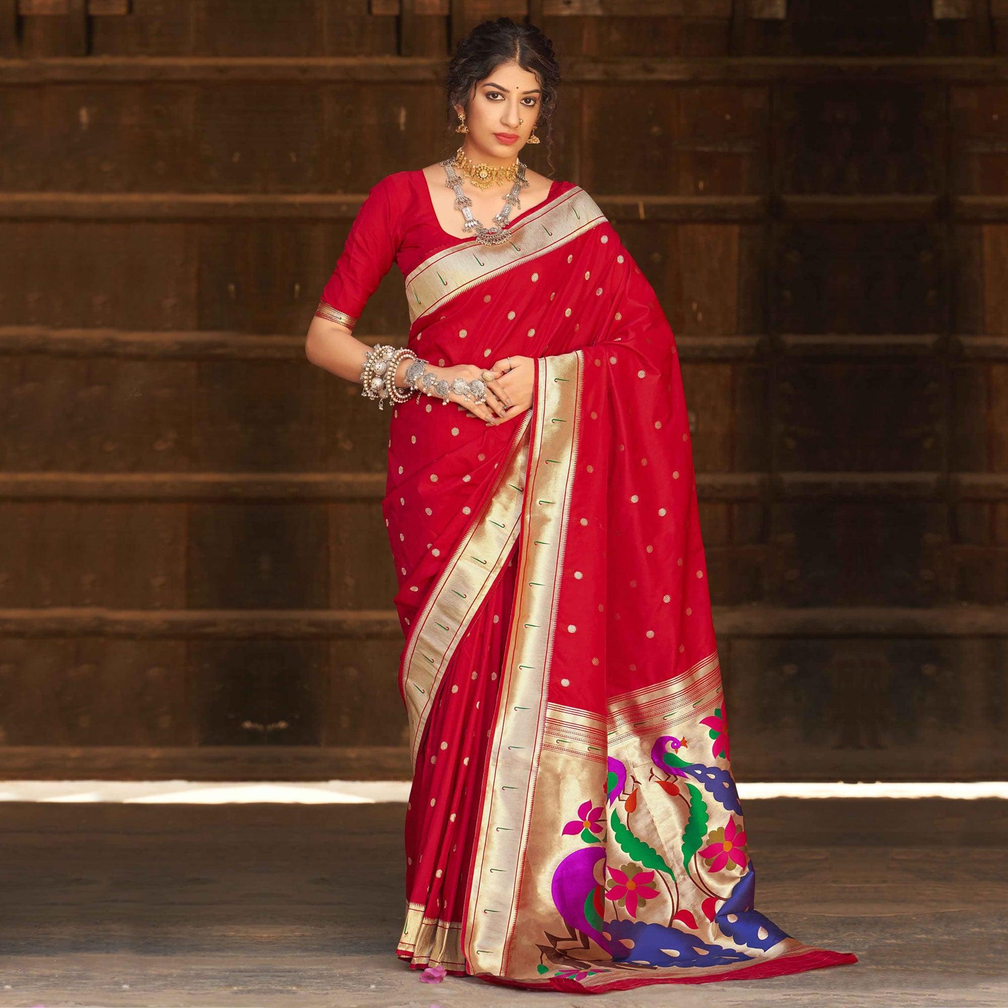 Red Festive Wear Woven Soft Banarasi Silk Saree - Peachmode
