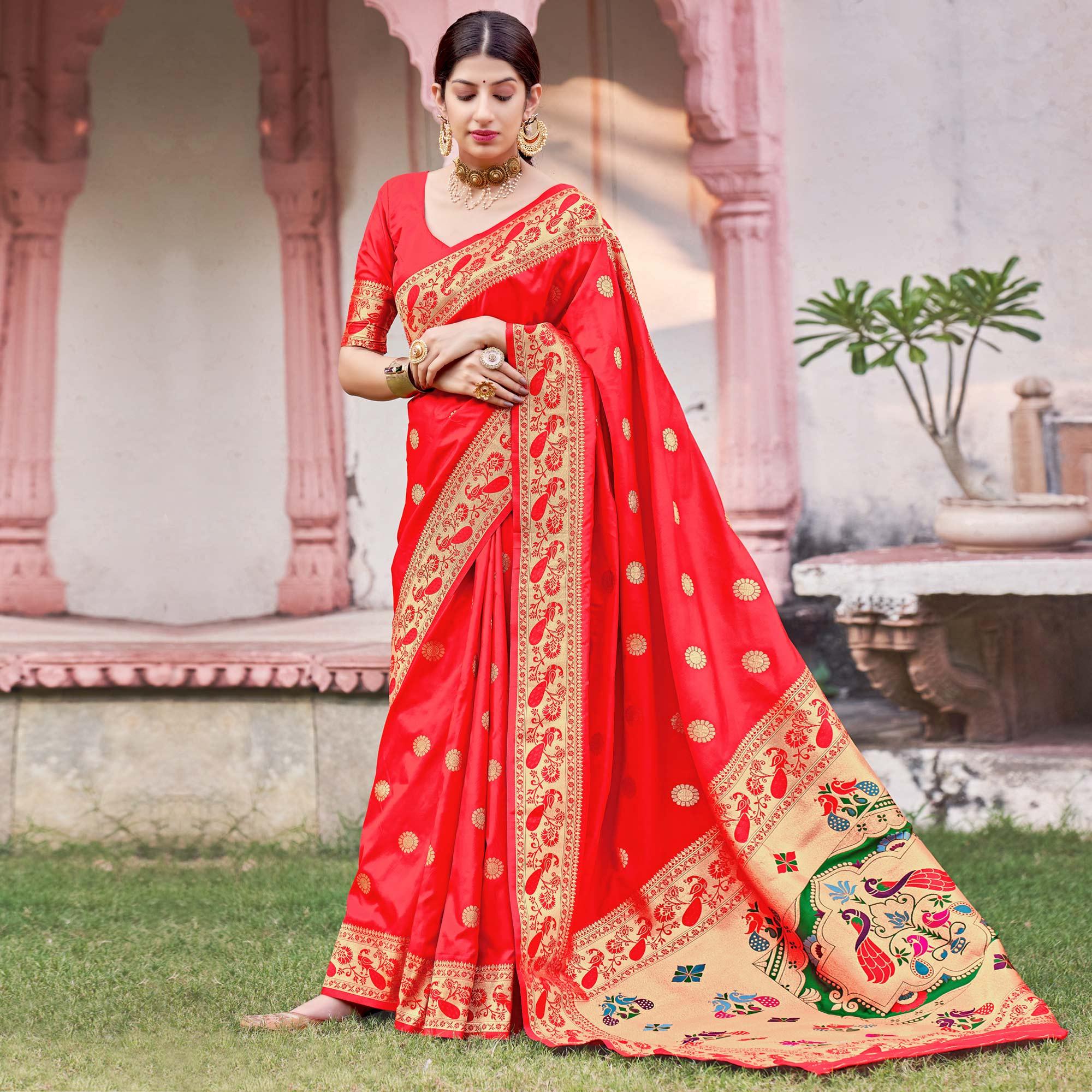 Red Festive Wear Woven Soft Banarasi Silk Saree - Peachmode