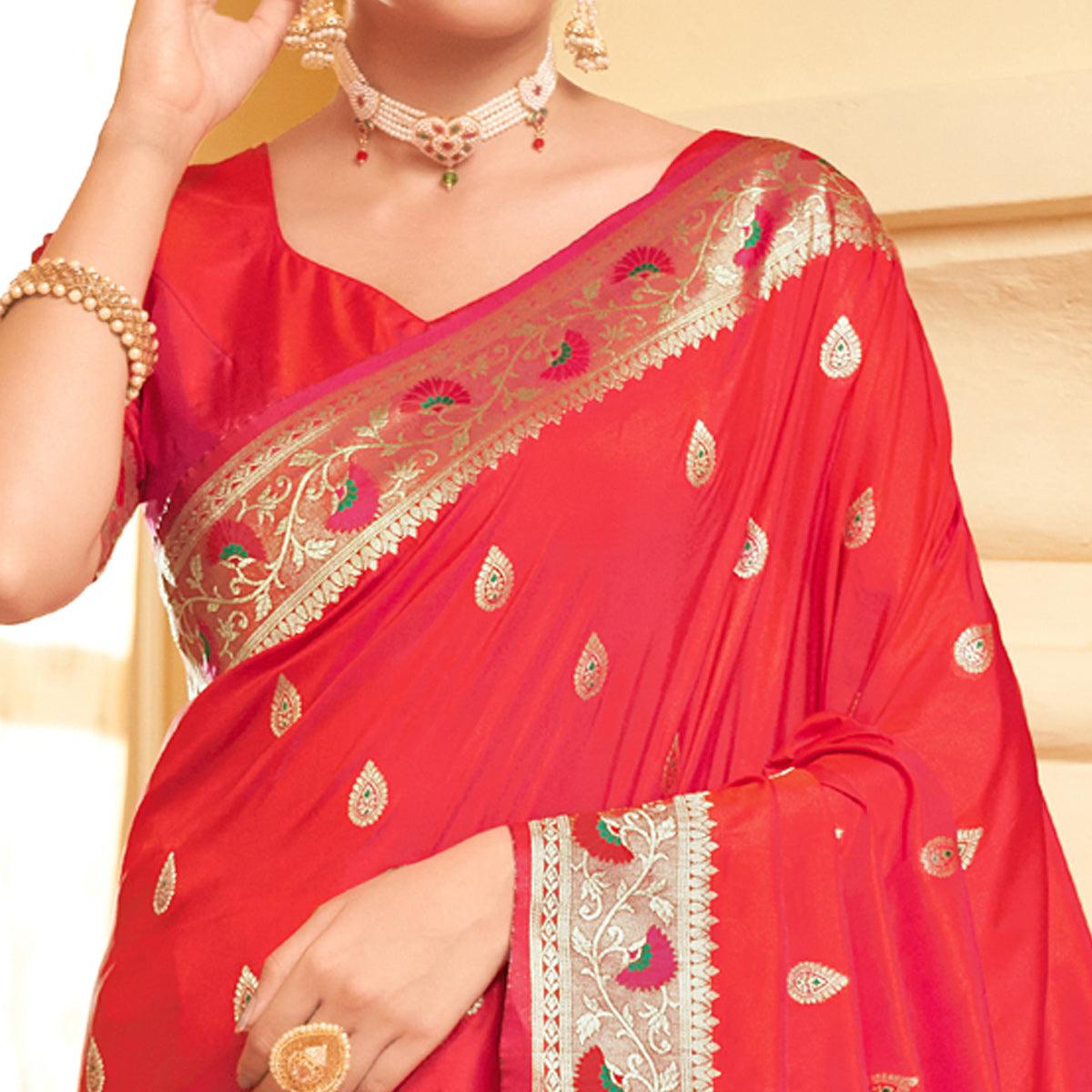Red Festive Wear Woven Soft Banarasi Silk Saree - Peachmode