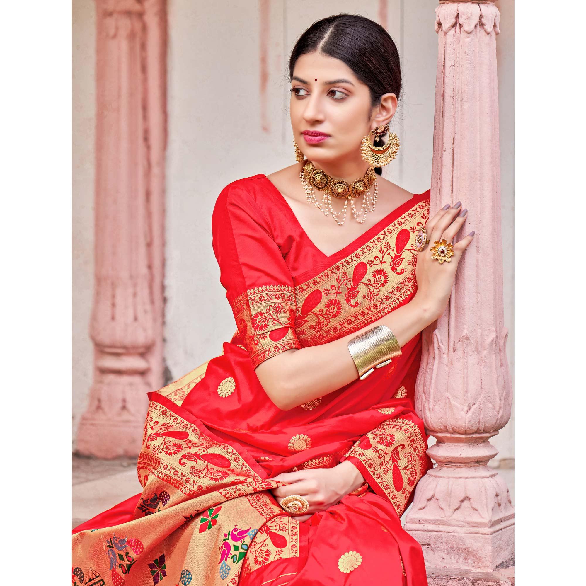 Red Festive Wear Woven Soft Banarasi Silk Saree - Peachmode