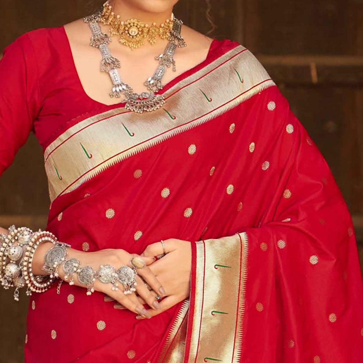 Red Festive Wear Woven Soft Banarasi Silk Saree - Peachmode