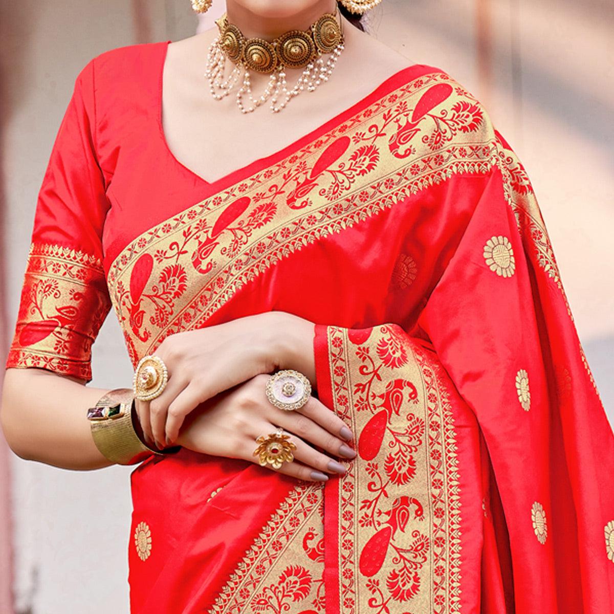 Red Festive Wear Woven Soft Banarasi Silk Saree - Peachmode