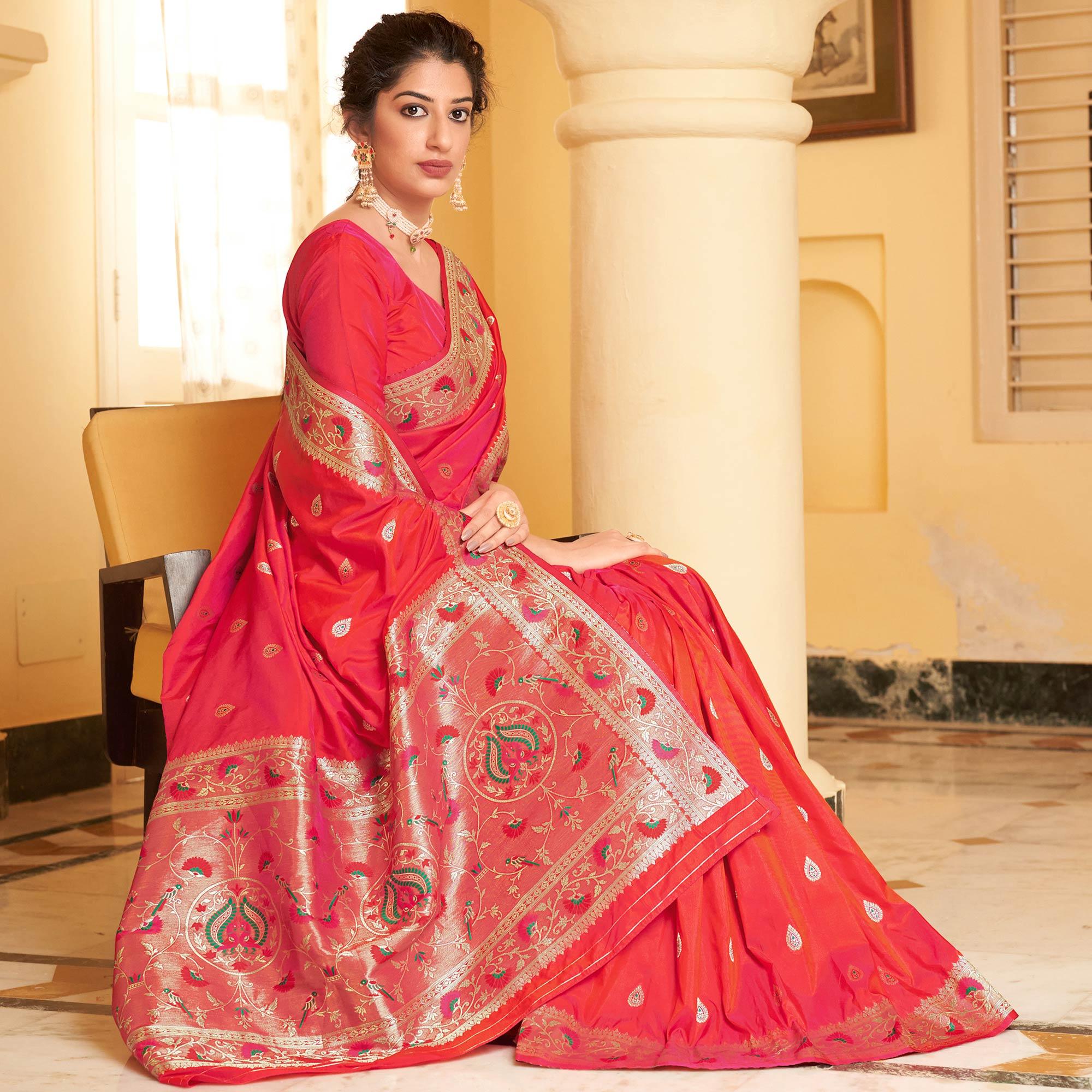 Red Festive Wear Woven Soft Banarasi Silk Saree - Peachmode