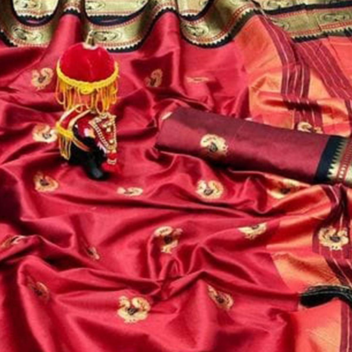 Red Festive Wear Woven Soft Cotton Saree With Border - Peachmode