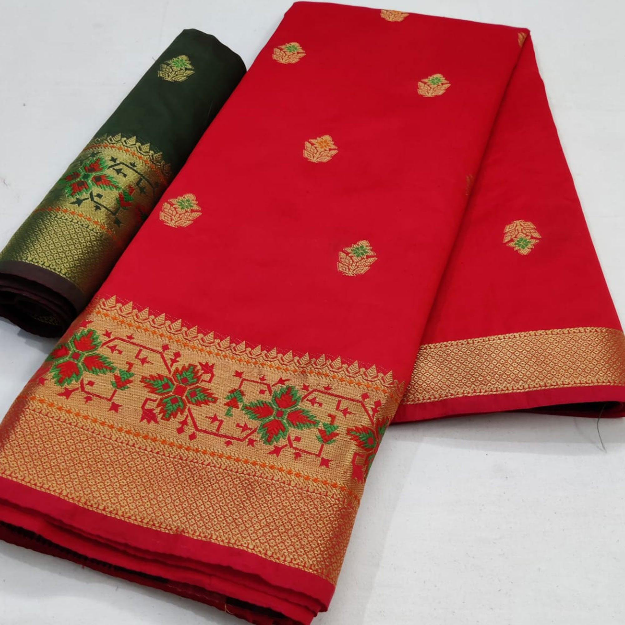 Red Festive Wear Woven Soft Silk Saree - Peachmode