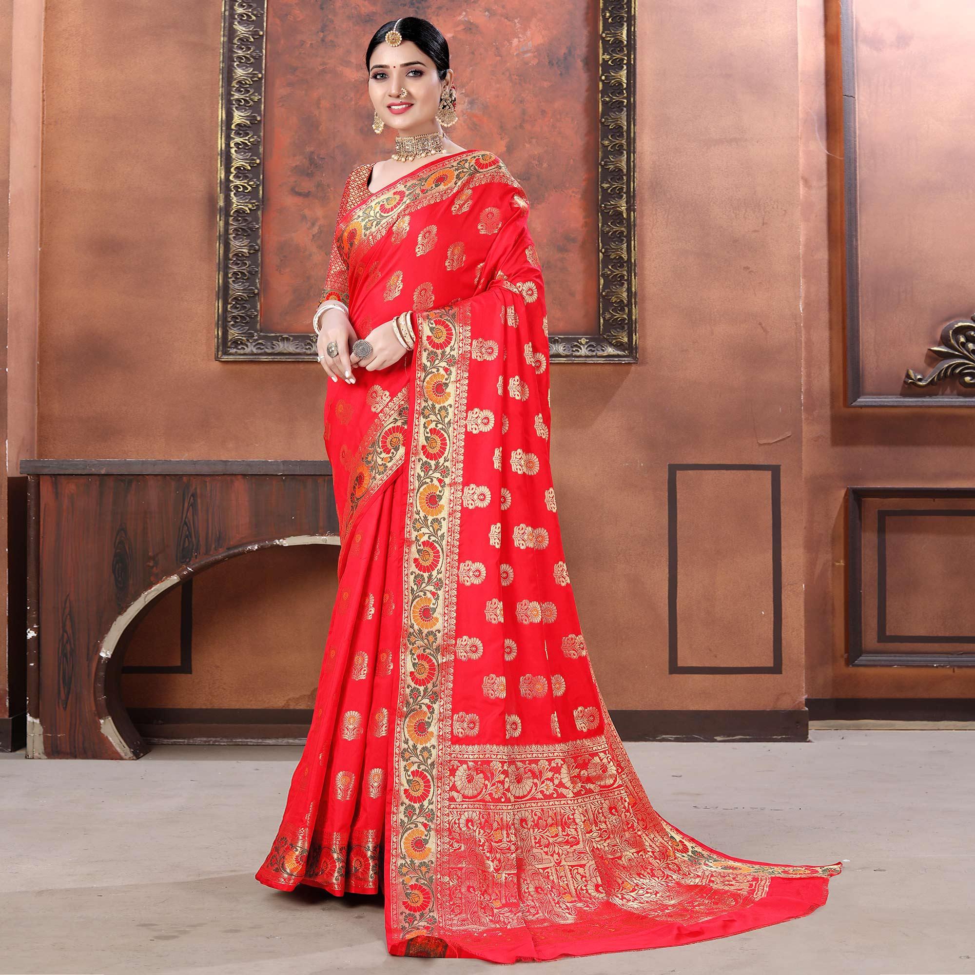 Red Festive Wear Woven Soft Silk Saree - Peachmode