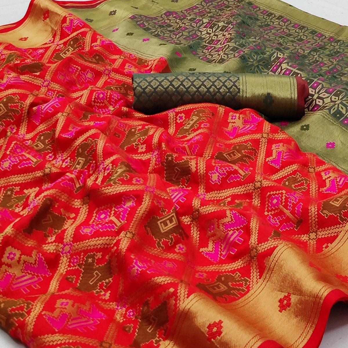 Red Festive Wear Woven Soft Silk Saree - Peachmode