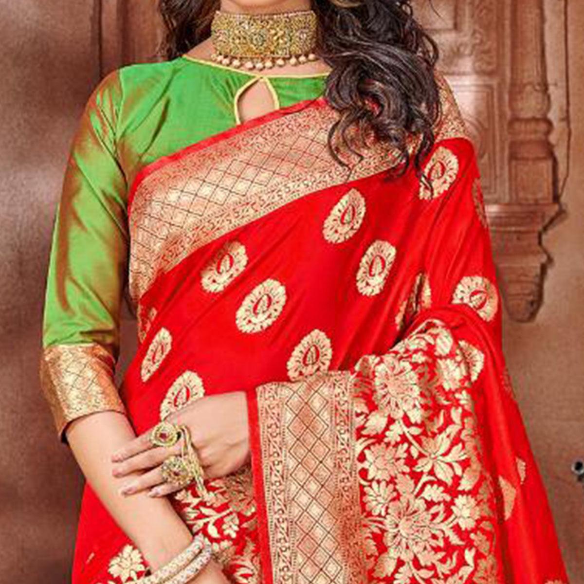 Red Festive Wear Woven Soft Silk Saree - Peachmode